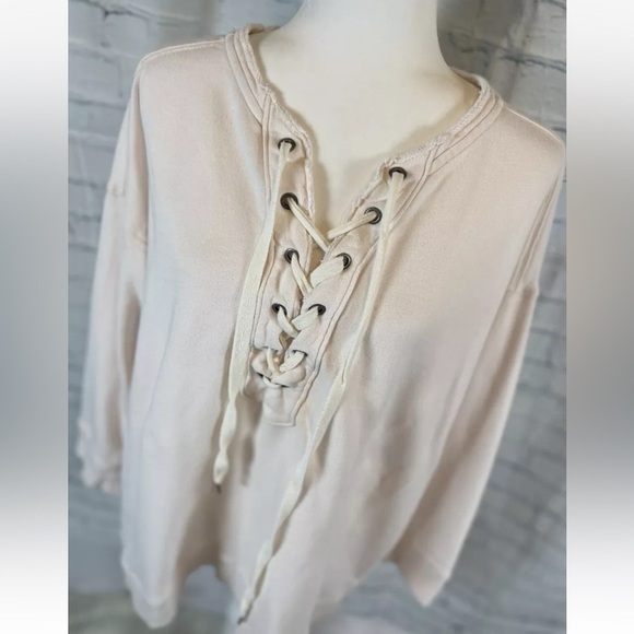 Real Good Aerie oversized lace up crew sweatshirt Pale Pink Woman’s Size L cute - Picture 3 of 16